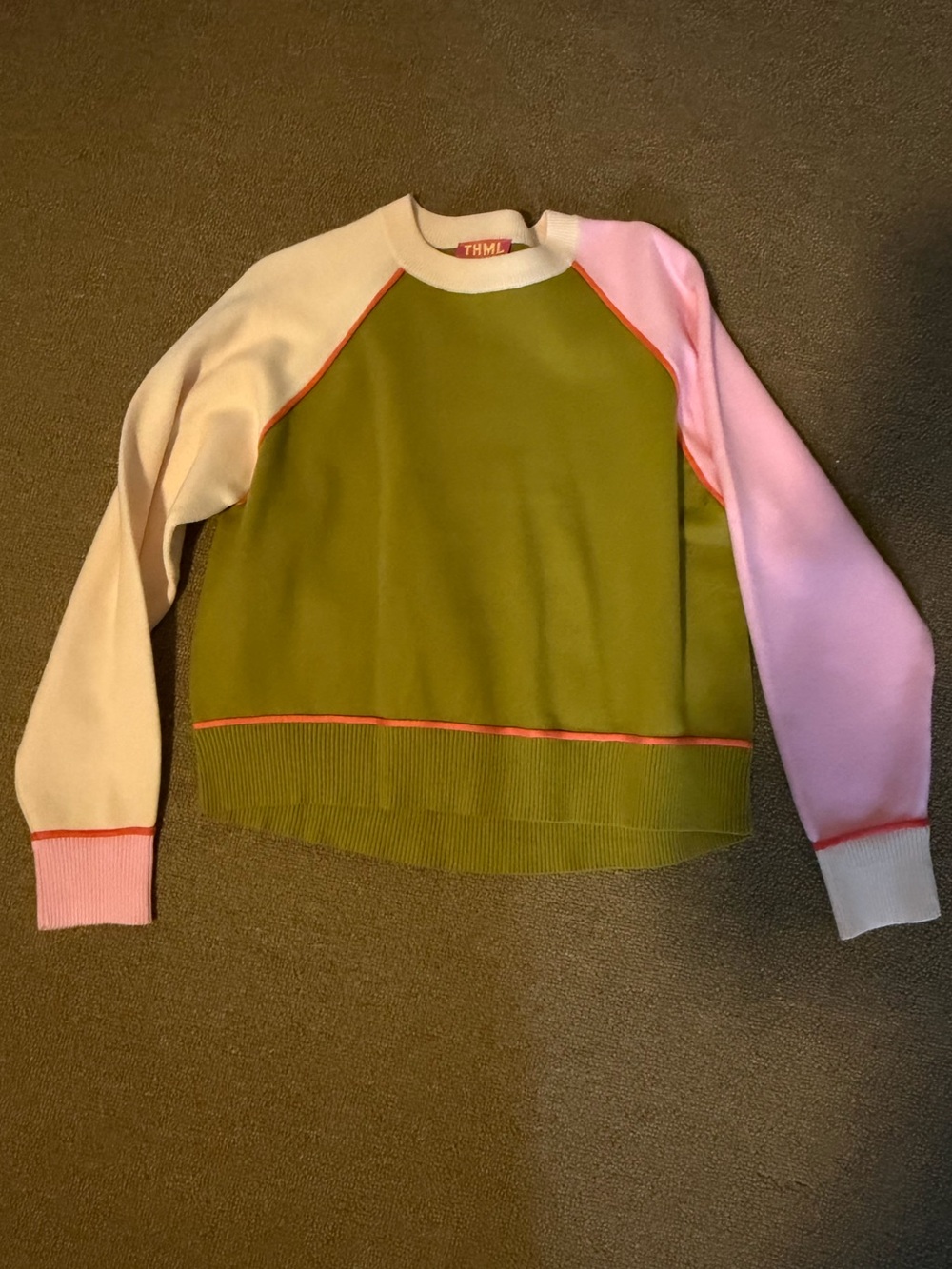 THML Olive Green and Pink Contrast Raglan Sweater NWOT